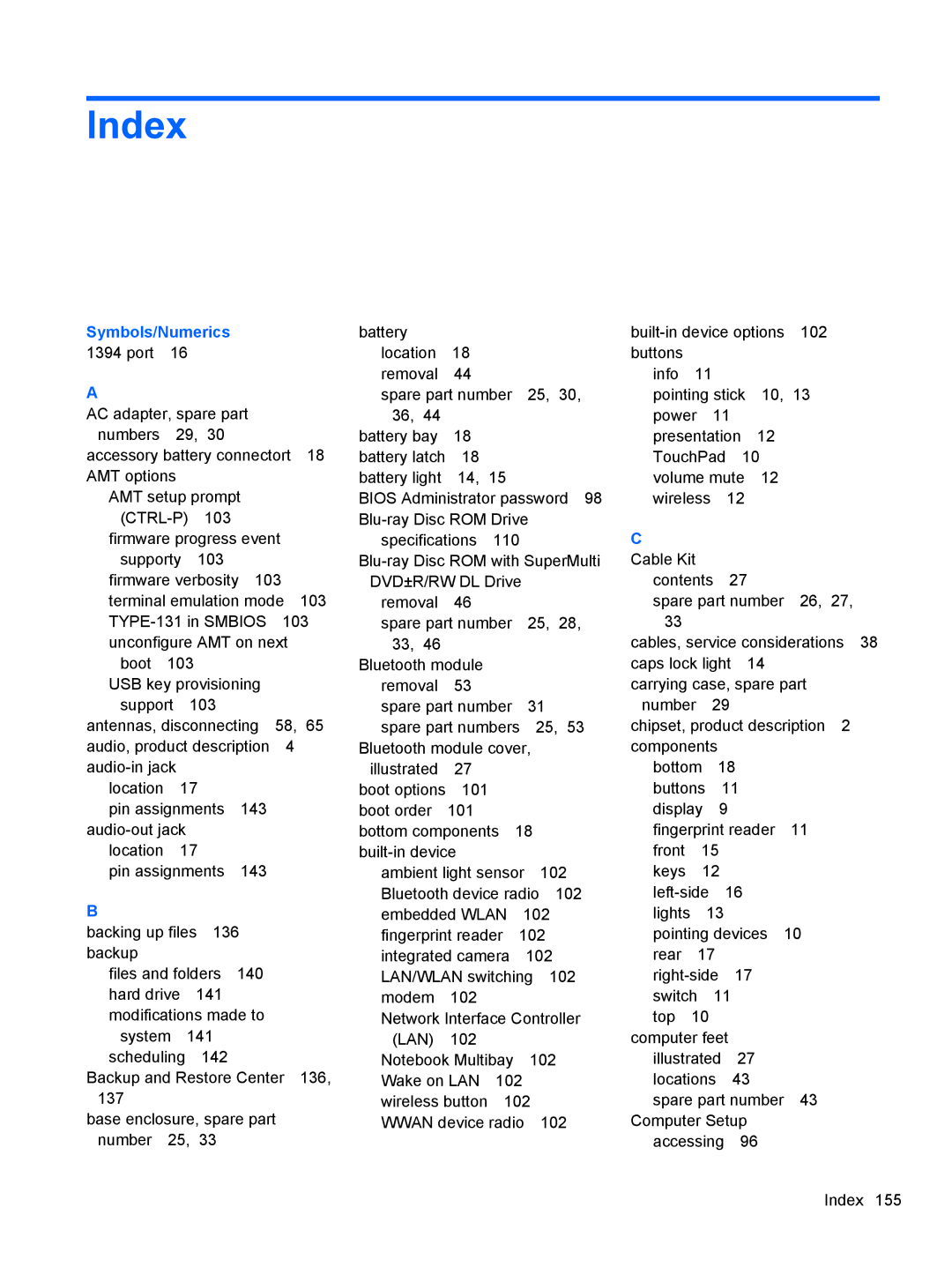 HP 8530W manual Index, Symbols/Numerics 