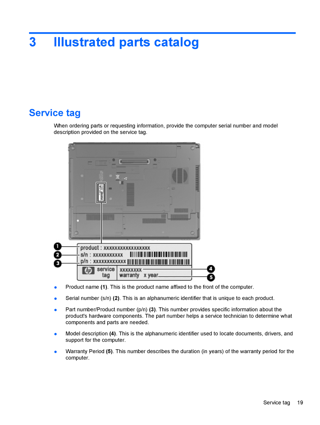 HP 8530W manual Illustrated parts catalog, Service tag 