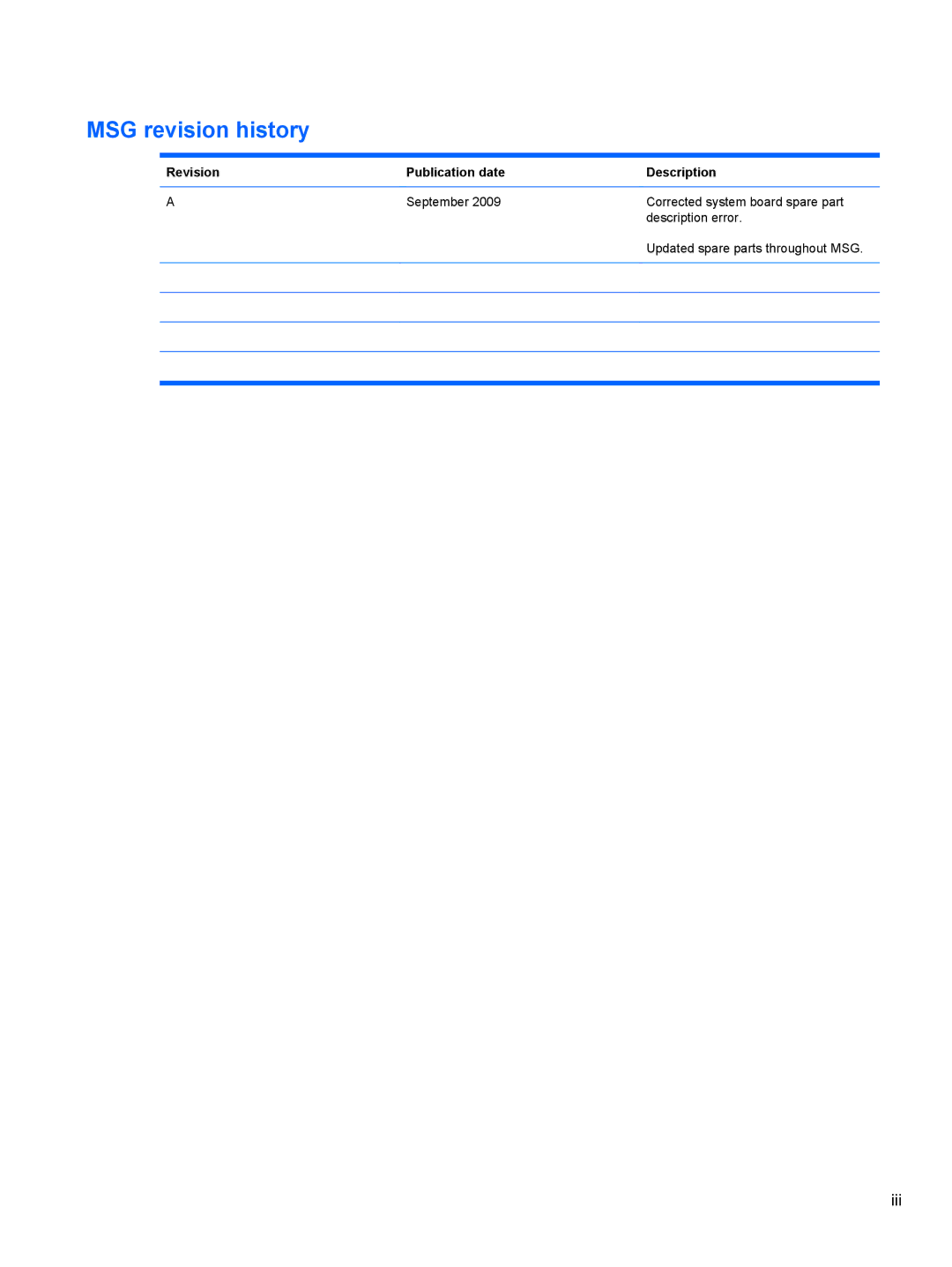 HP 8530W manual MSG revision history, Revision Publication date Description 