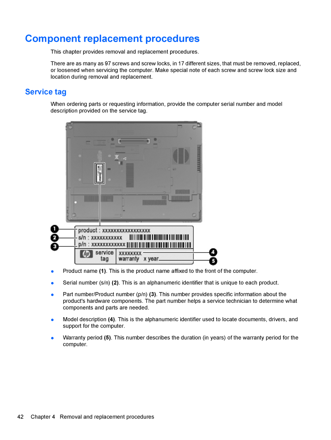 HP 8530W manual Component replacement procedures, Service tag 