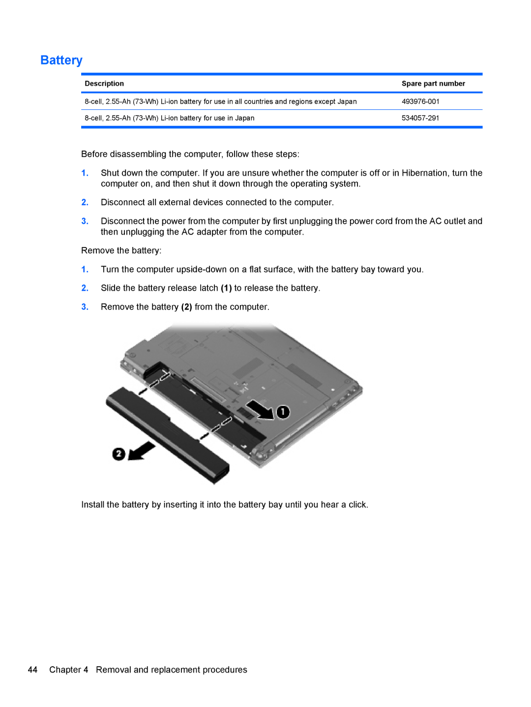 HP 8530W manual Battery, Description Spare part number 