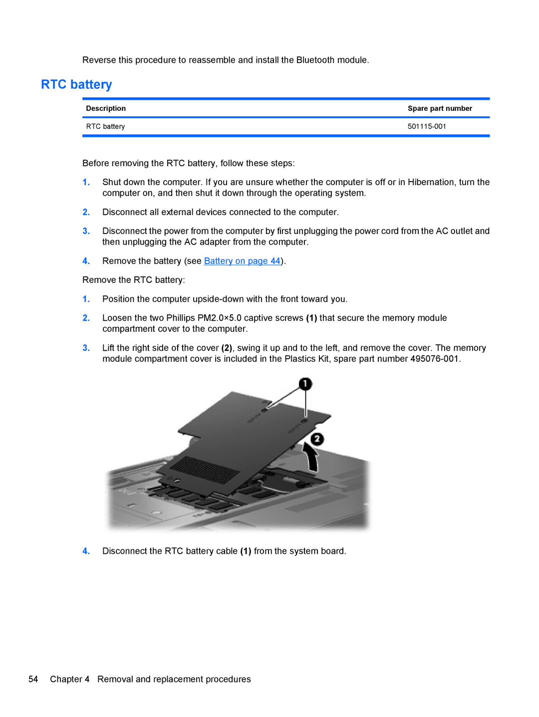 HP 8530W manual Description Spare part number RTC battery 501115-001 