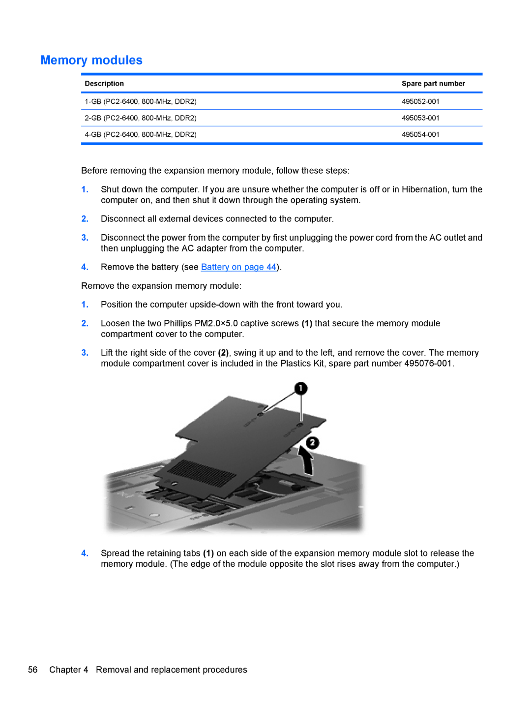 HP 8530W manual Memory modules, Description Spare part number 