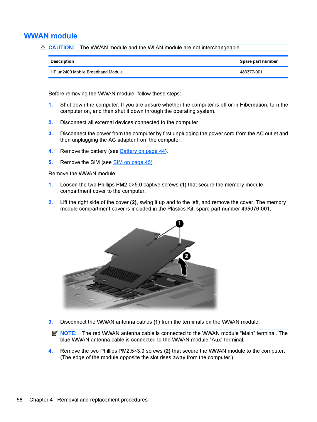 HP 8530W manual Wwan module 