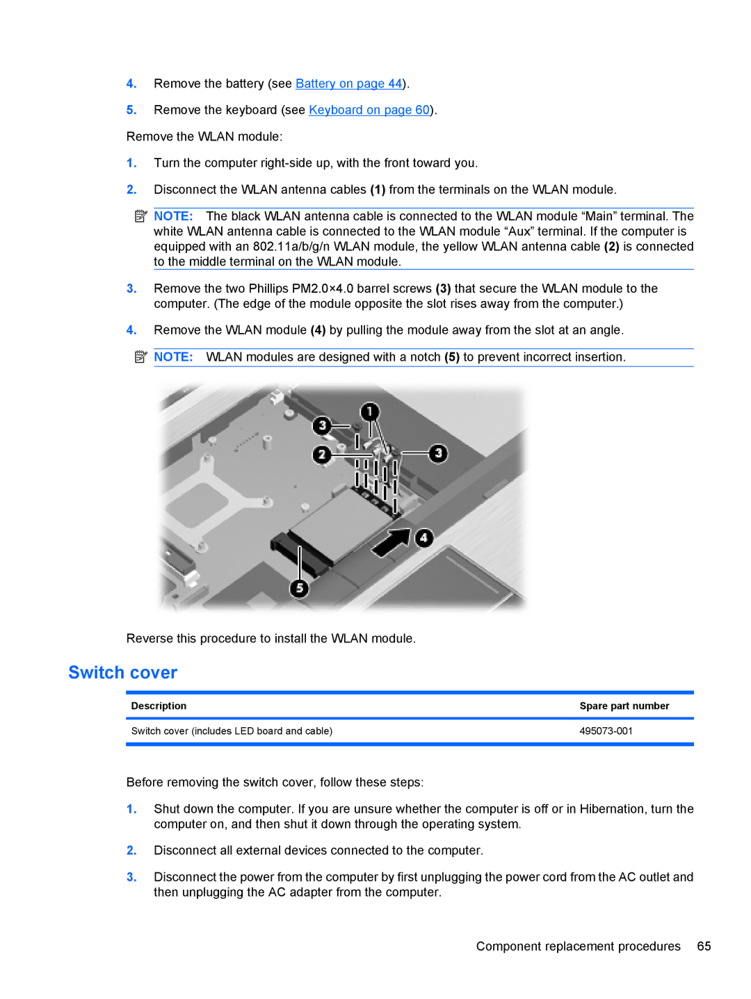 HP 8530W manual Switch cover 