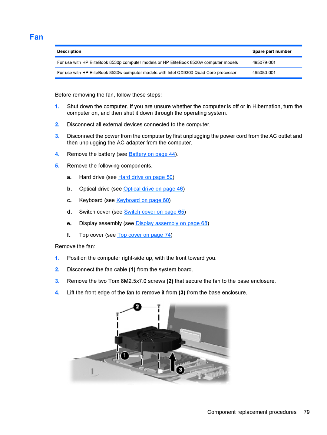 HP 8530W manual Fan, Description Spare part number 