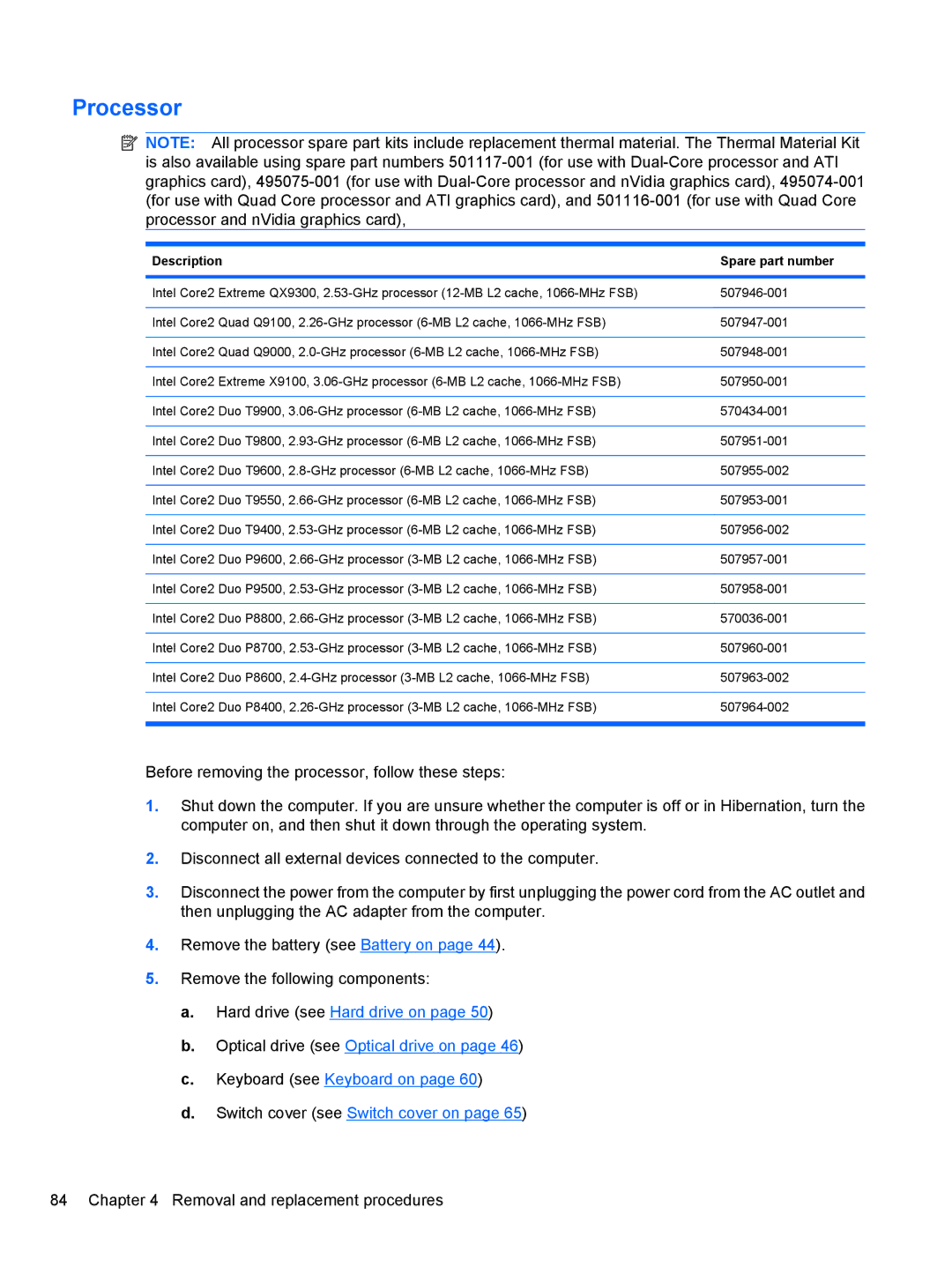 HP 8530W manual Processor, Description Spare part number 