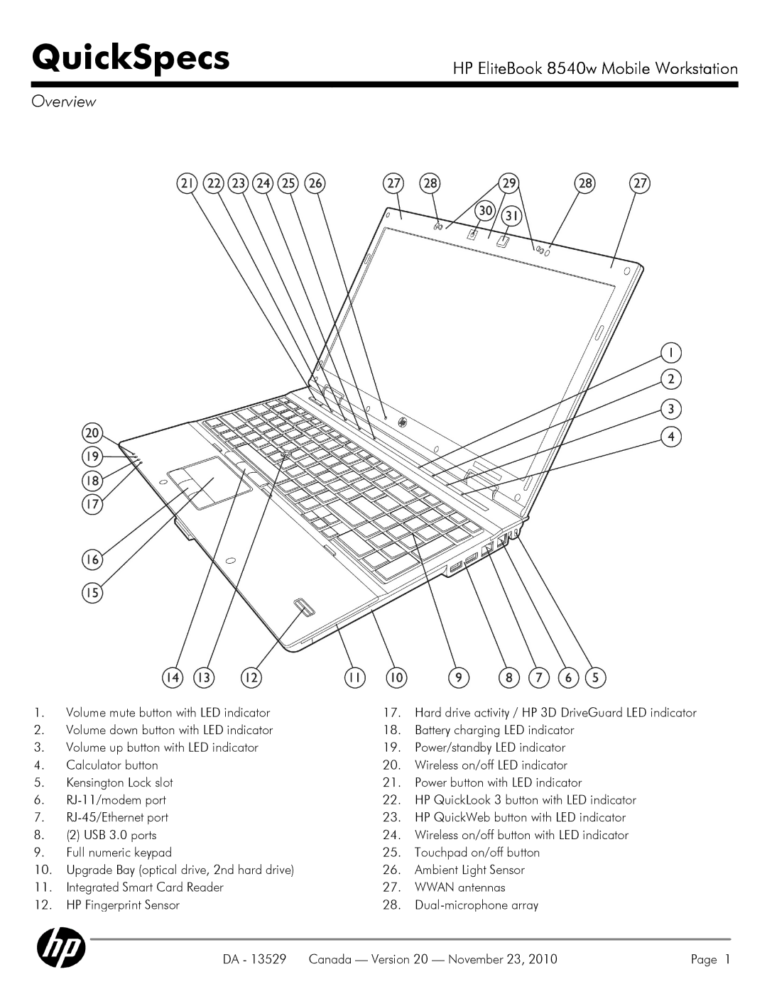 HP 8540W manual QuickSpecs, Volume mute button with LED indicator 