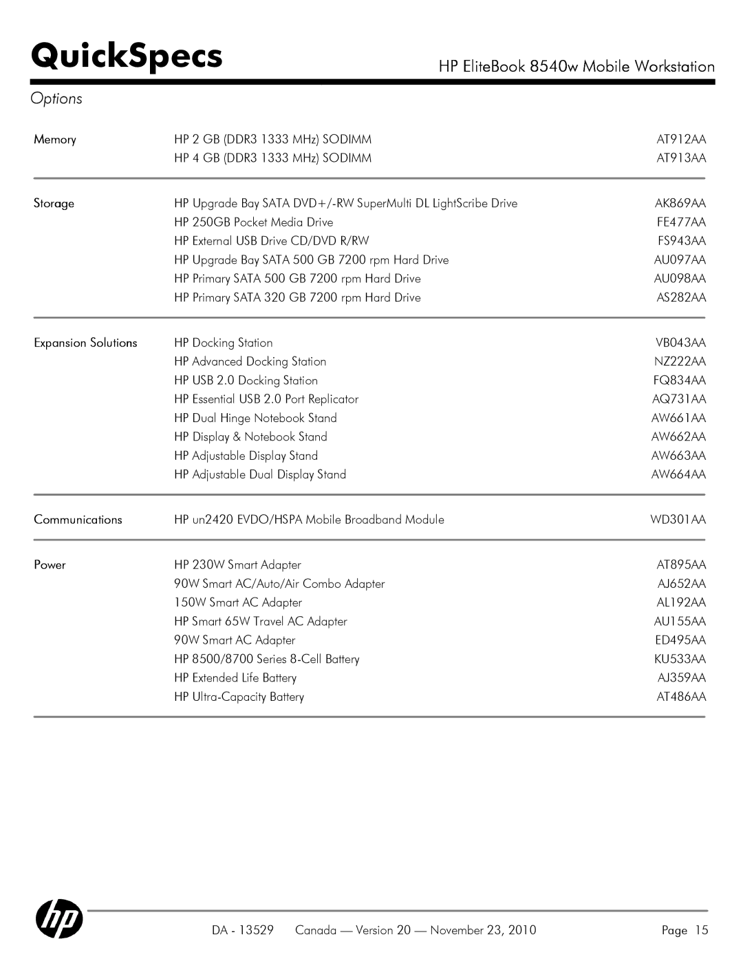 HP 8540W manual Memory, Storage, Expansion Solutions, Power 