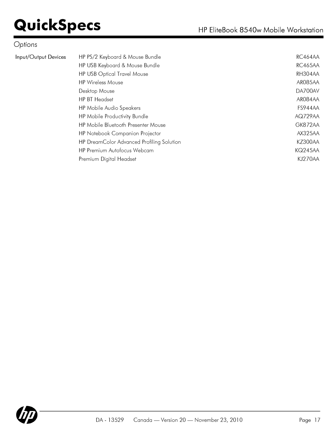 HP 8540W manual Input/Output Devices 