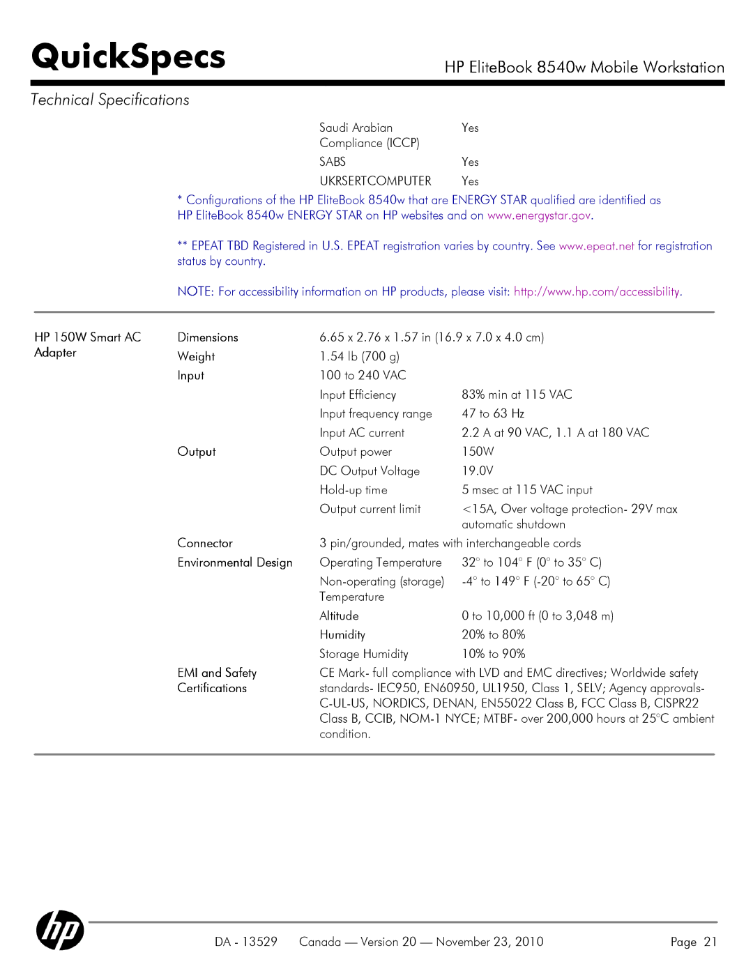 HP 8540W manual HP 150W Smart AC Dimensions, Adapter Weight, Input, Output, Environmental Design, EMI and Safety 