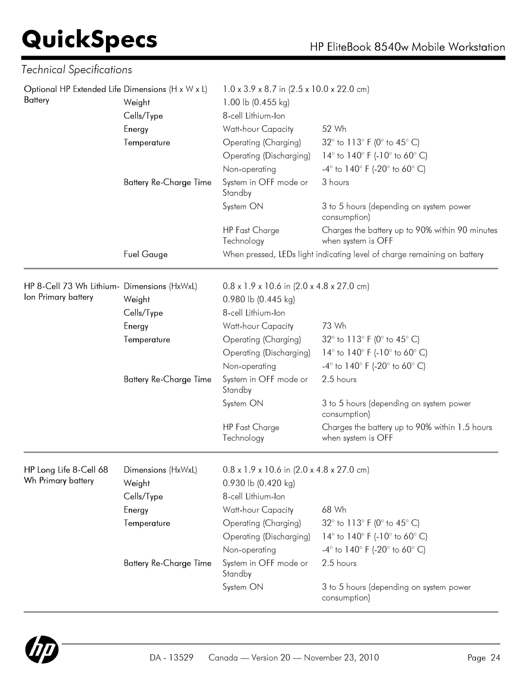 HP 8540W manual Battery Weight, HP 8-Cell 73 Wh Lithium- Dimensions HxWxL, Ion Primary battery Weight 