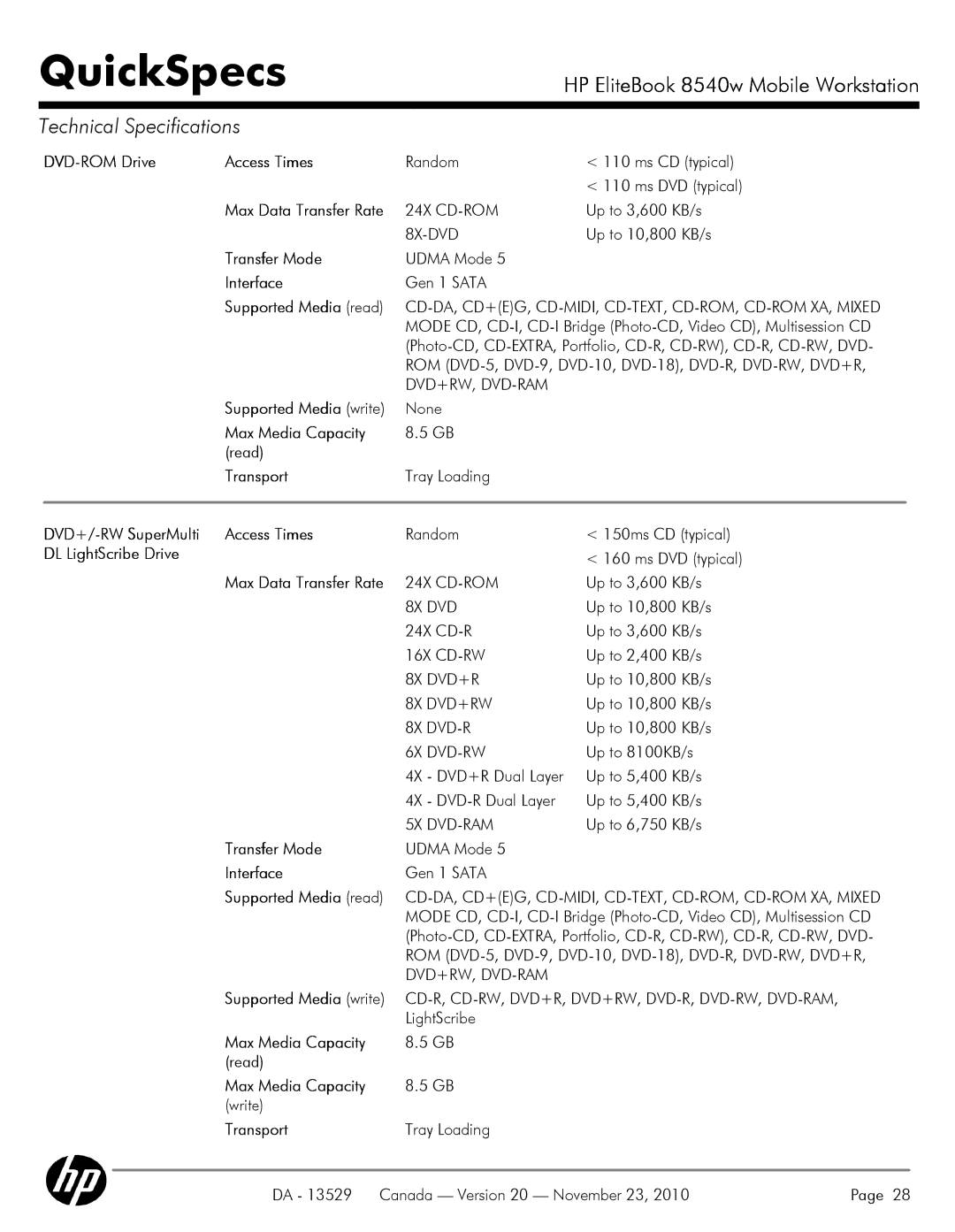 HP 8540W DVD-ROM Drive Access Times, Max Data Transfer Rate, Transfer Mode, Supported Media read, Supported Media write 