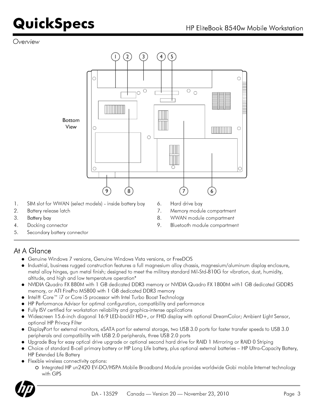 HP 8540W manual Hard drive bay, Battery release latch, Battery bay Wwan module compartment Docking connector 