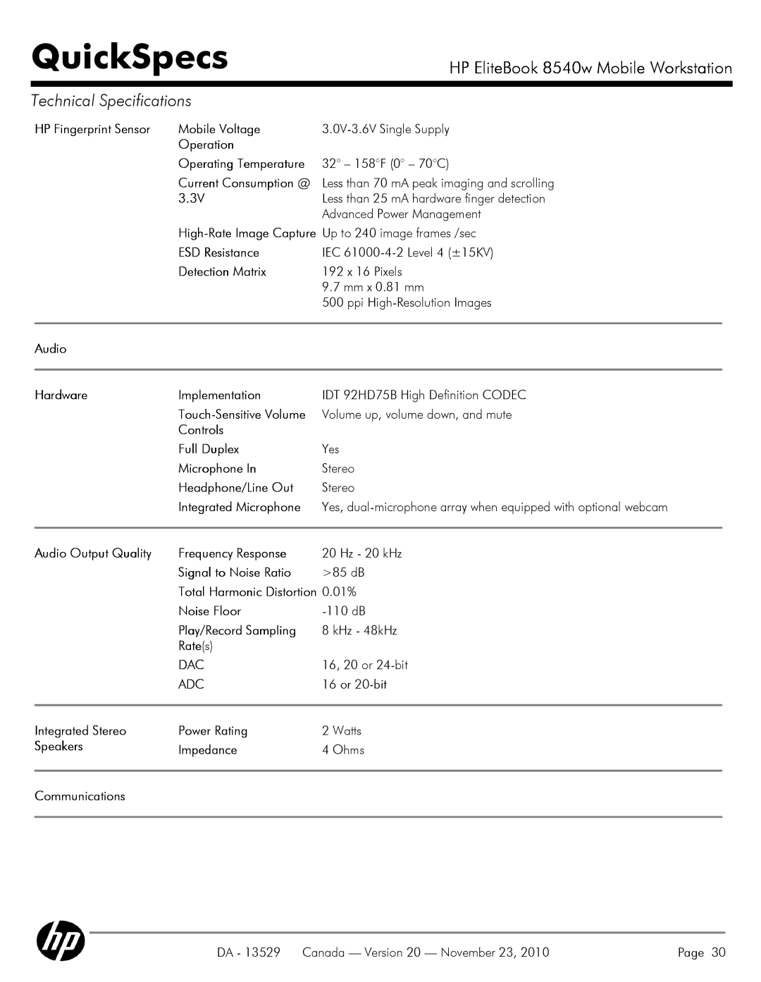 HP 8540W HP Fingerprint Sensor Mobile Voltage, Operation Operating Temperature, ESD Resistance, Detection Matrix, Rate s 