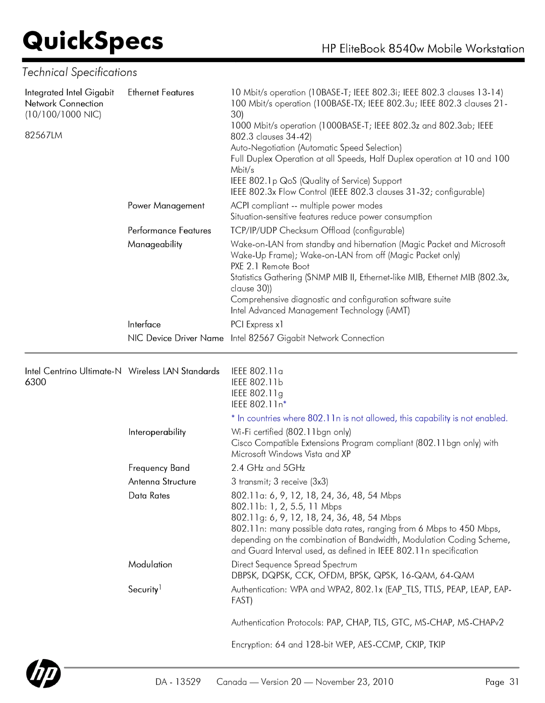 HP 8540W manual Integrated Intel Gigabit Ethernet Features, Network Connection, Power Management, Performance Features 