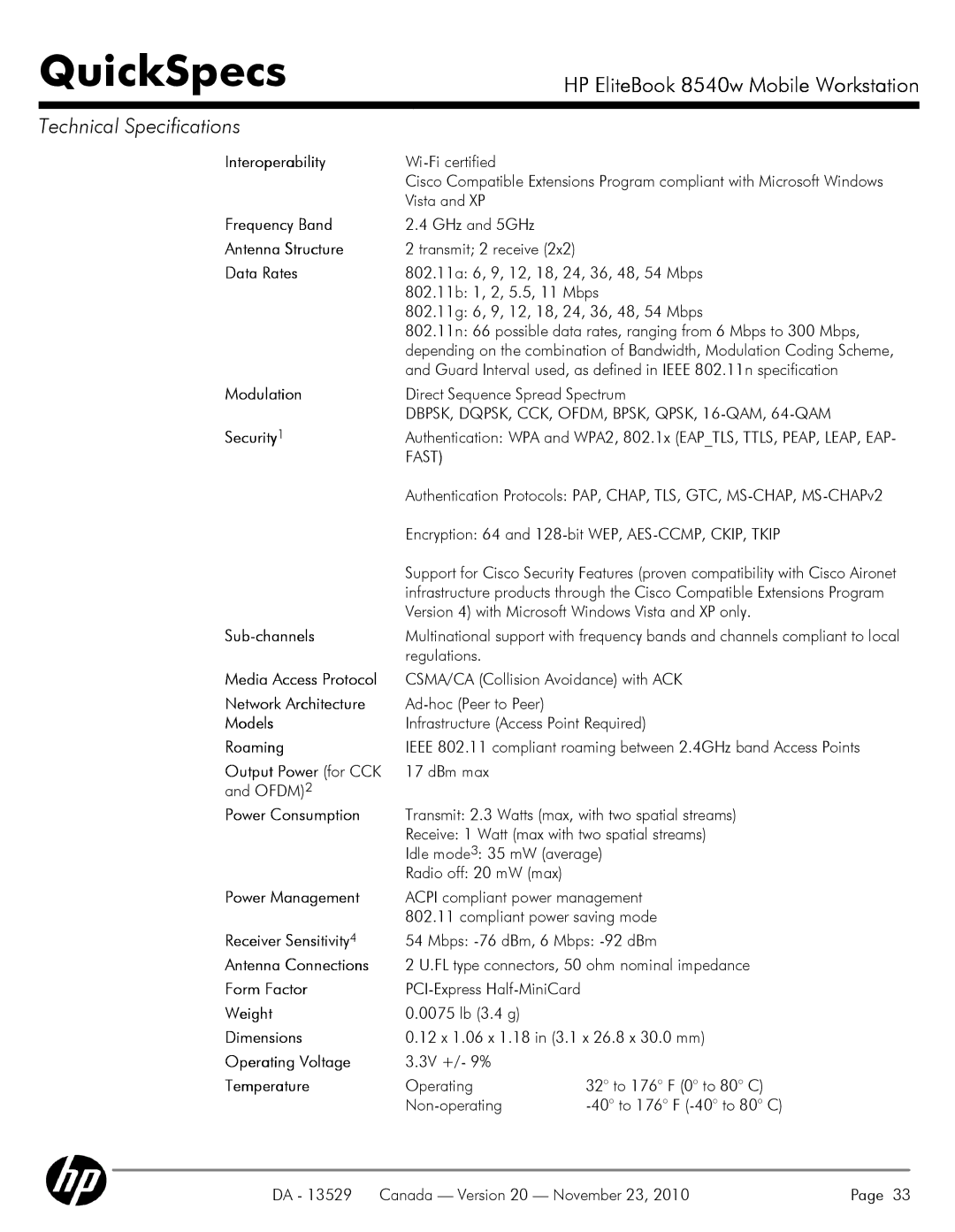 HP 8540W Vista and XP, Fast, Transmit 2.3 Watts max, with two spatial streams, Receive 1 Watt max with two spatial streams 