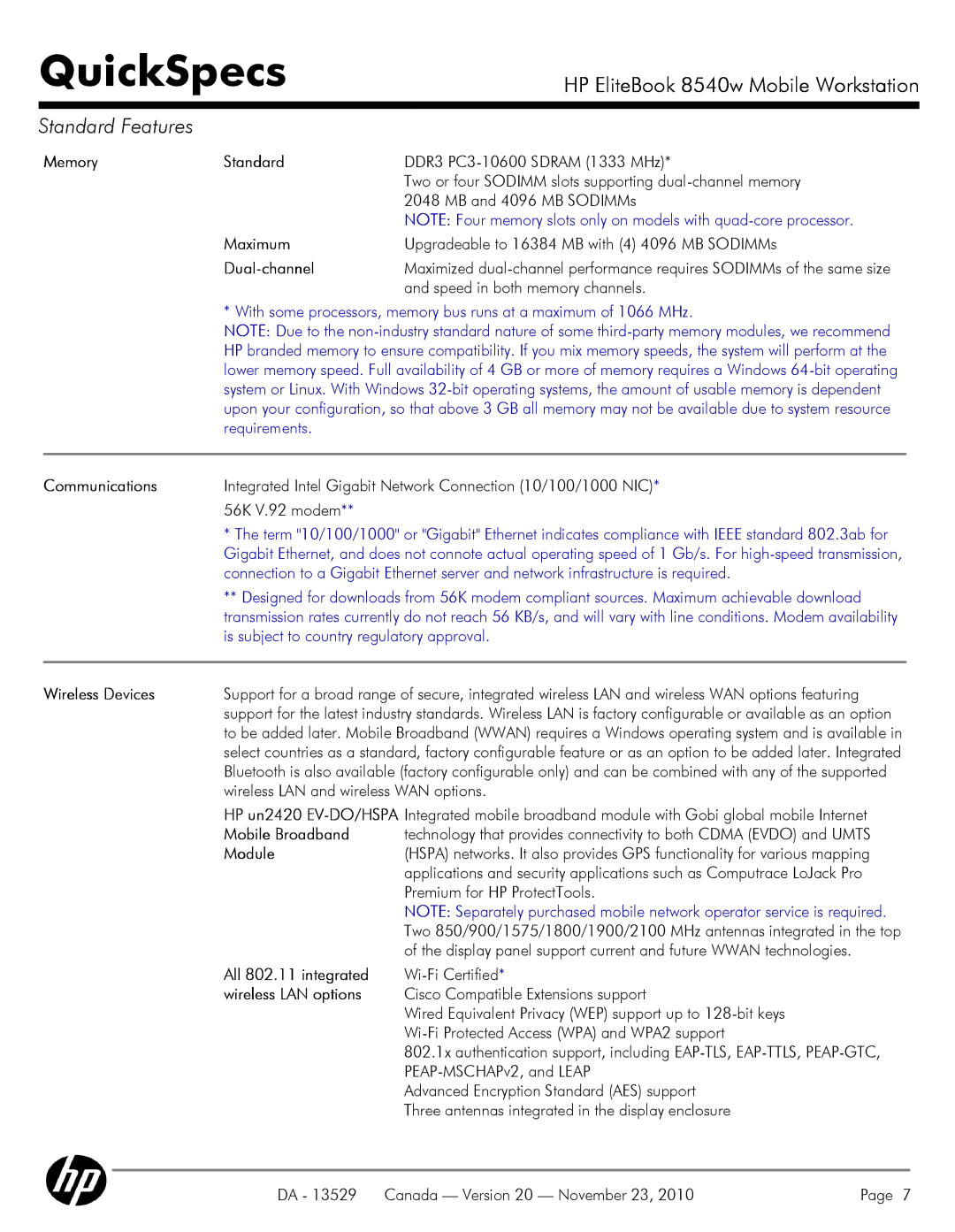 HP 8540W manual Memory Standard, Maximum, Dual-channel, Communications, Wireless Devices, Mobile Broadband, Module 