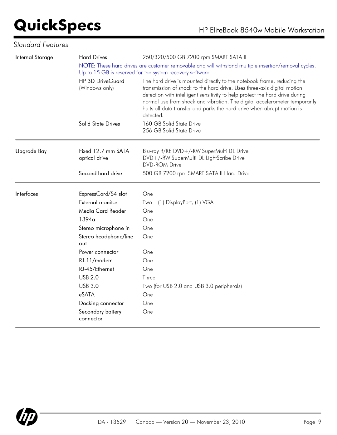 HP 8540W Internal Storage Hard Drives, HP 3D DriveGuard, Solid State Drives, Upgrade Bay Fixed 12.7 mm Sata, Optical drive 