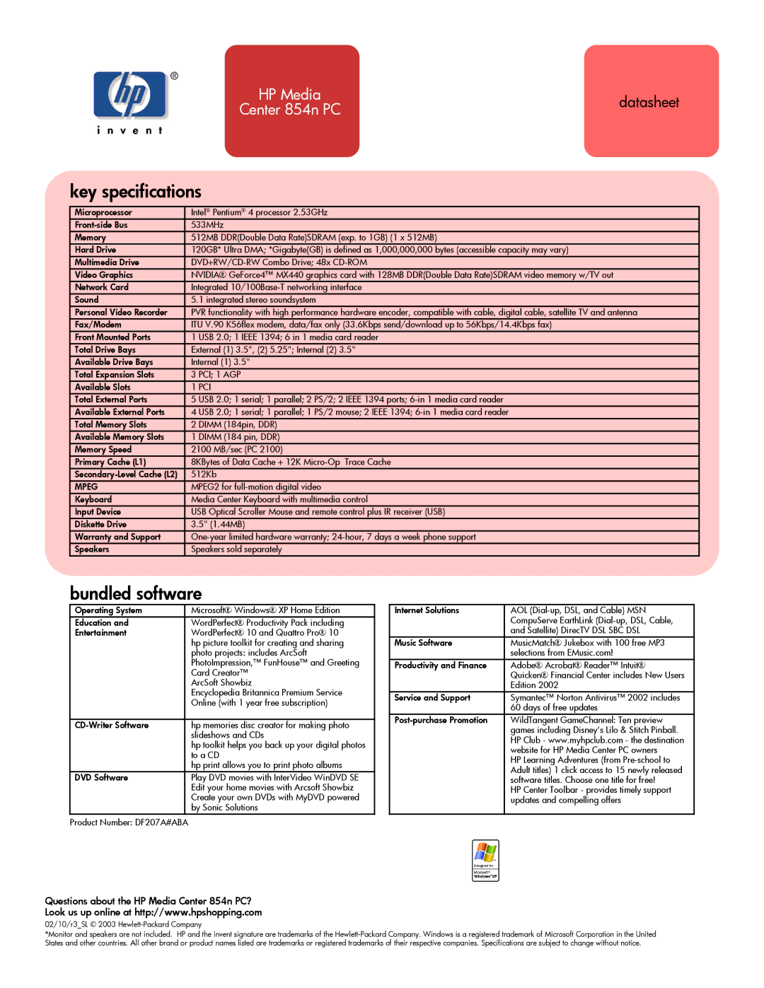 HP manual Key specifications, Bundled software, Questions about the HP Media Center 854n PC?, PCI 1 AGP, Mpeg 