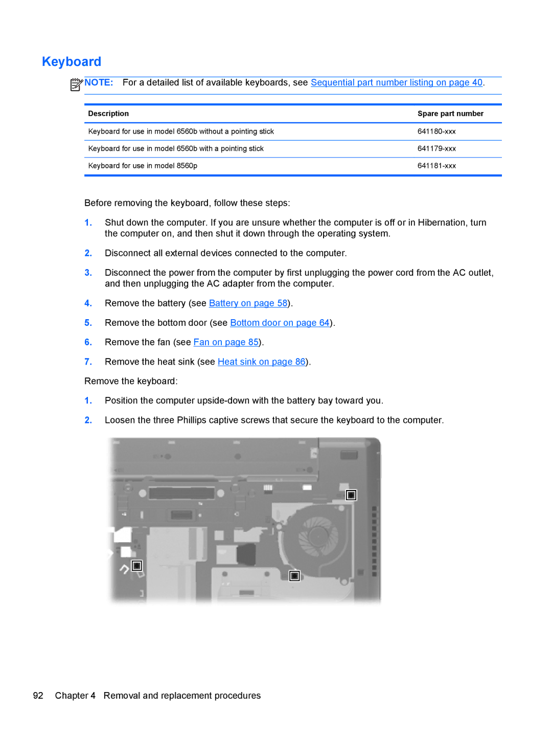 HP 8560p QW129US#ABA, 8560w SP407UC#ABA, 8560p 6560B manual Keyboard, Description Spare part number 