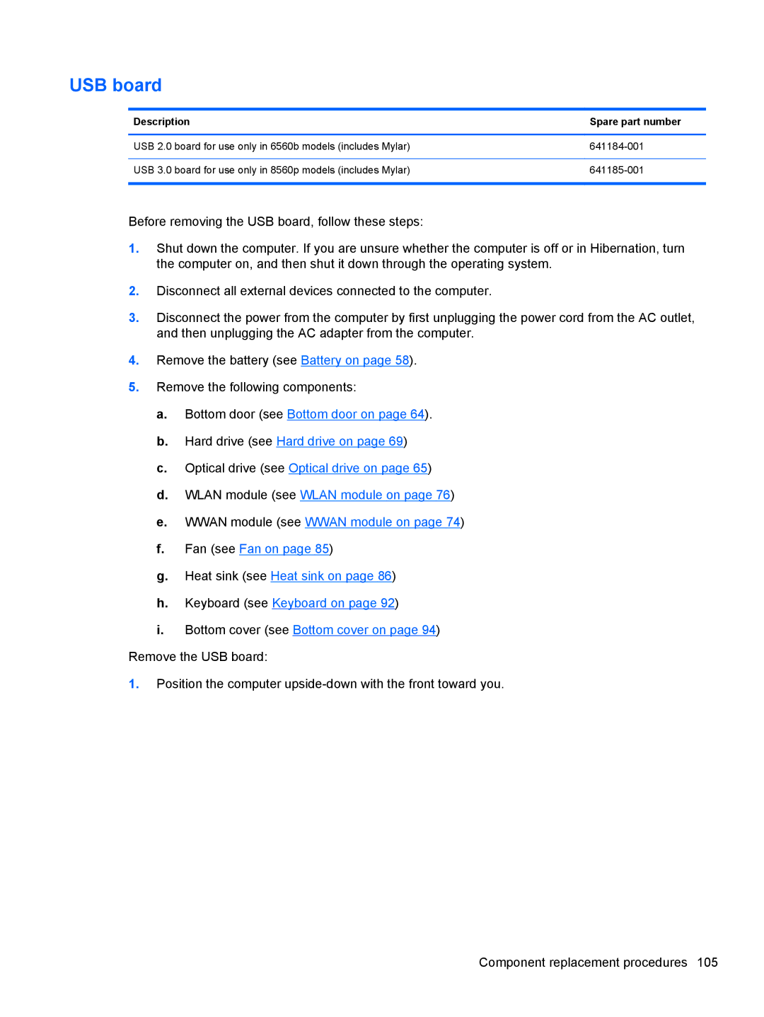 HP 8560p 6560B, 8560w SP407UC#ABA, 8560p QW129US#ABA manual USB board, Description Spare part number 