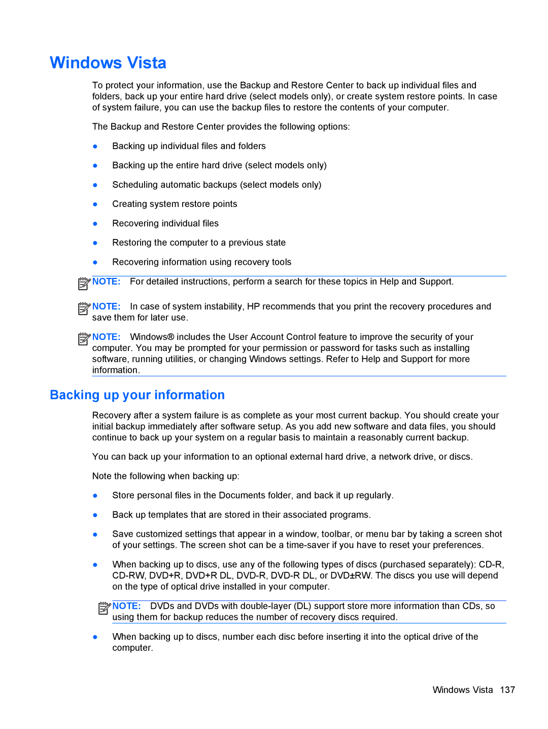 HP 8560p QW129US#ABA, 8560w SP407UC#ABA, 8560p 6560B manual Windows Vista, Backing up your information 