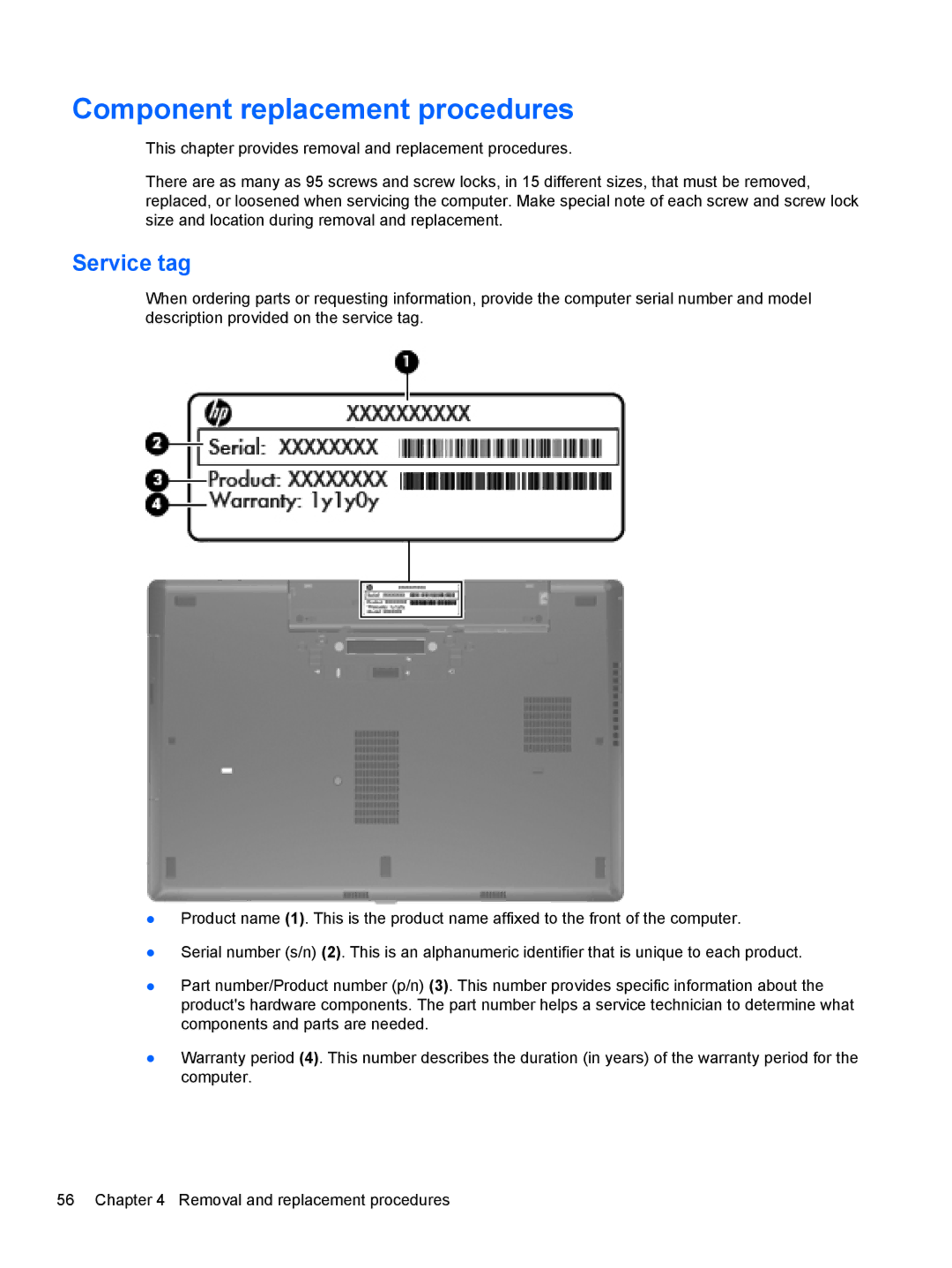 HP 8560p QW129US#ABA, 8560w SP407UC#ABA, 8560p 6560B manual Component replacement procedures, Service tag 