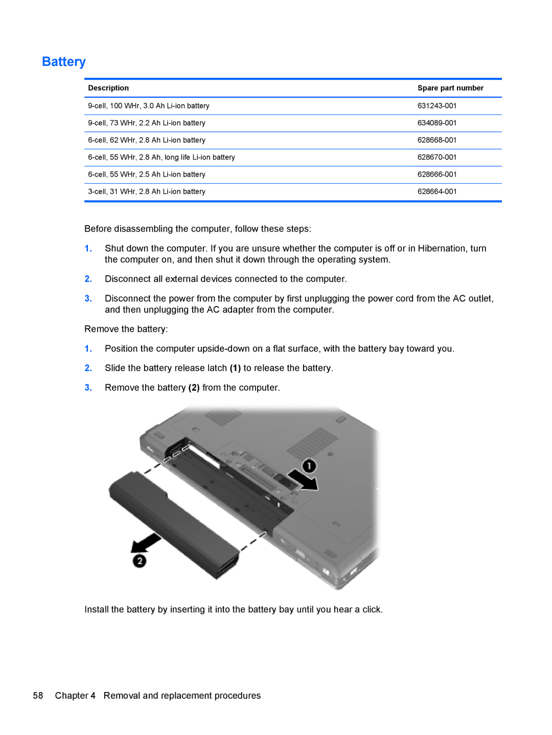 HP 8560w SP407UC#ABA, 8560p QW129US#ABA, 8560p 6560B manual Battery, Description Spare part number 