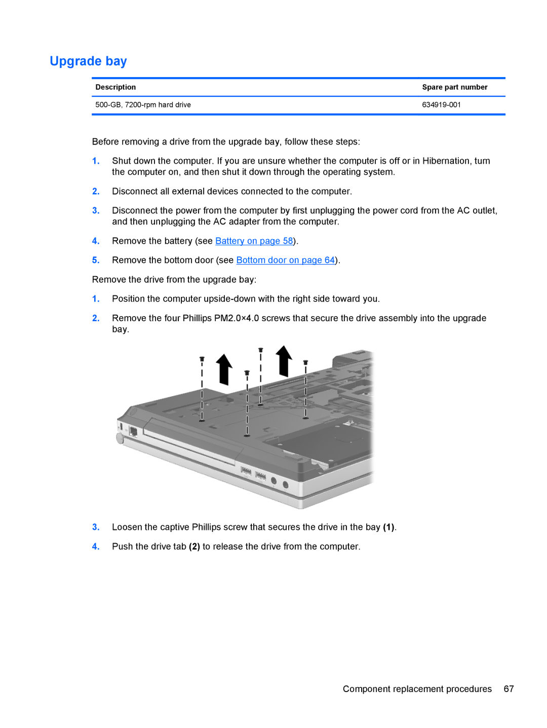 HP 8560w SP407UC#ABA, 8560p QW129US#ABA, 8560p 6560B manual Upgrade bay, Description Spare part number 