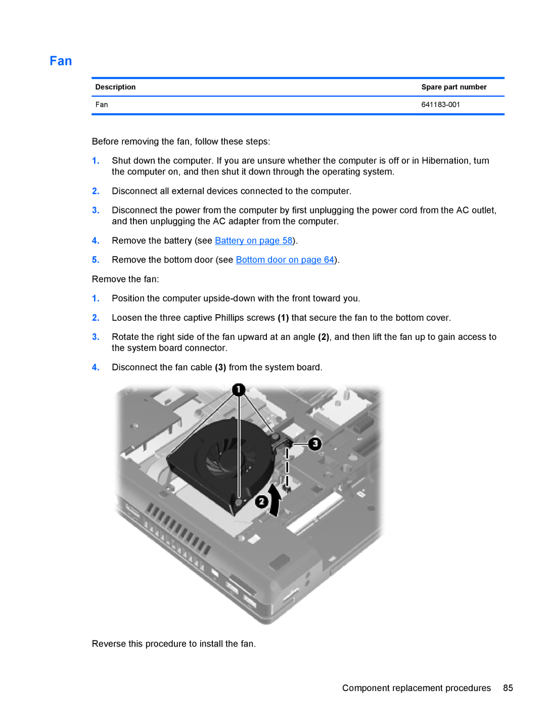 HP 8560w SP407UC#ABA, 8560p QW129US#ABA, 8560p 6560B manual Description Spare part number Fan 641183-001 