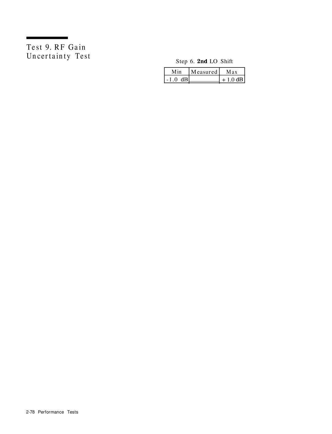 HP 8568B manual Test 9. RF Gain Uncertainty Test, Nd LO Shift Min Measured Max, + 1.0 dB 