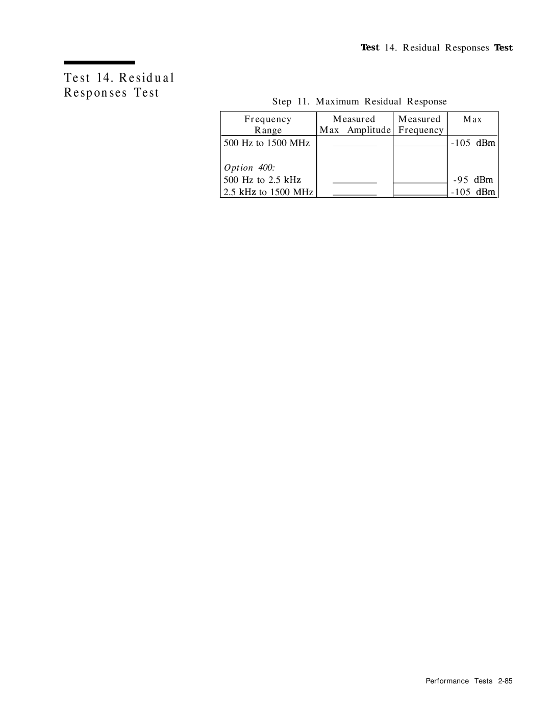 HP 8568B manual Test 14. Residual Responses Test, Maximum Residual Response Frequency Range 