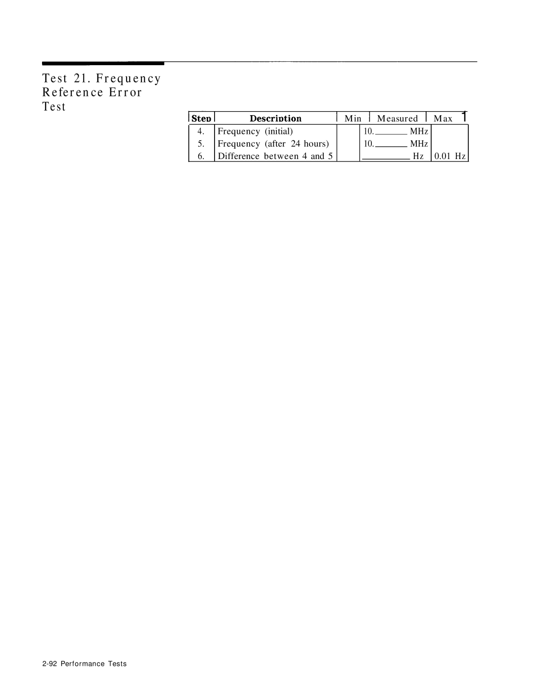 HP 8568B manual Test 21. Frequency Reference Error, DescriDtion Min 1 Measured Max 