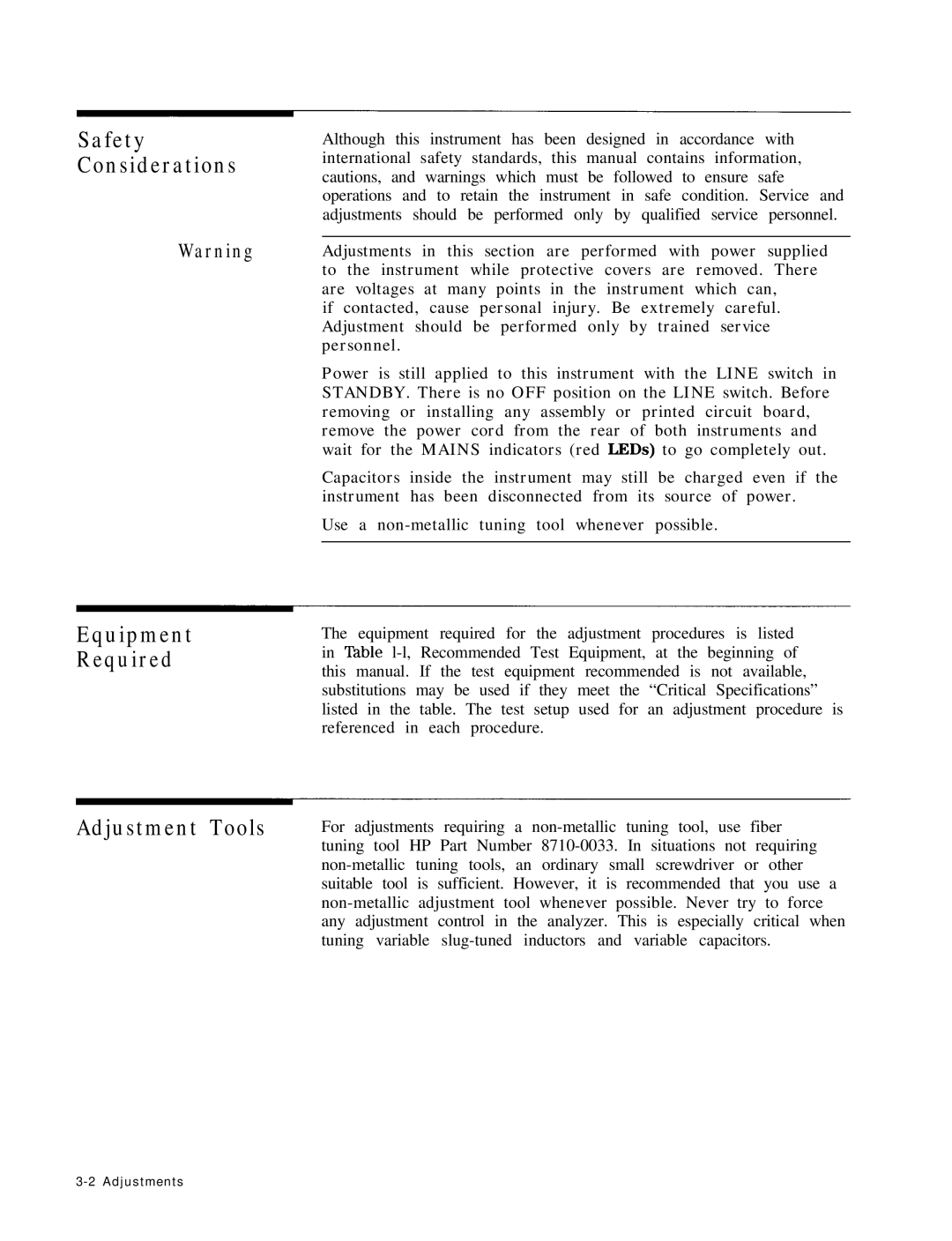 HP 8568B manual Equipment Required Adjustment Tools, Safety Considerations 