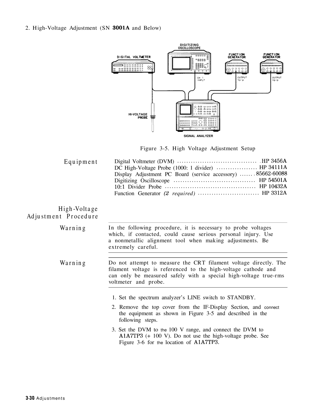 HP 8568B manual High-Voltage Adjustment Procedure, High Voltage Adjustment Setup 