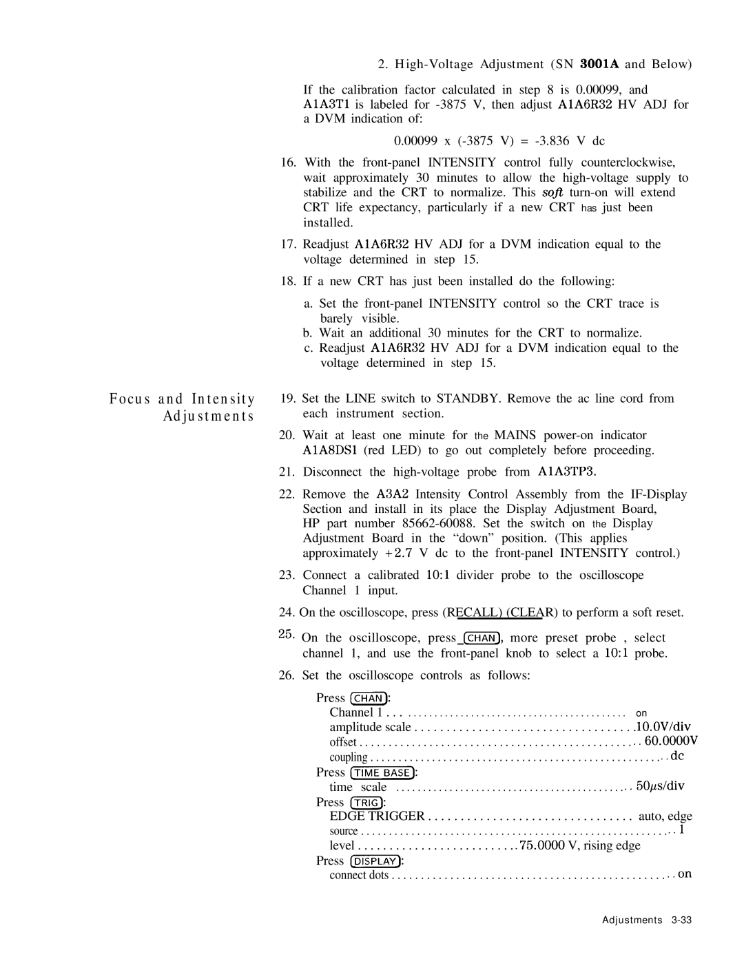 HP 8568B manual Focus and Intensity Adjustments, Press @%KiZi@, Press Display 