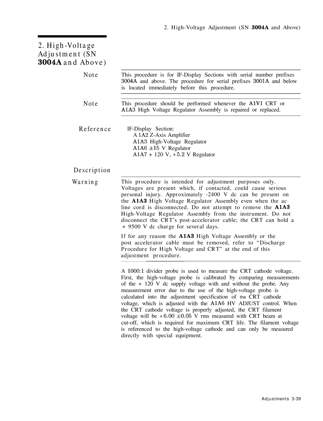 HP 8568B manual High-Voltage Adjustment SN 3004A and Above 