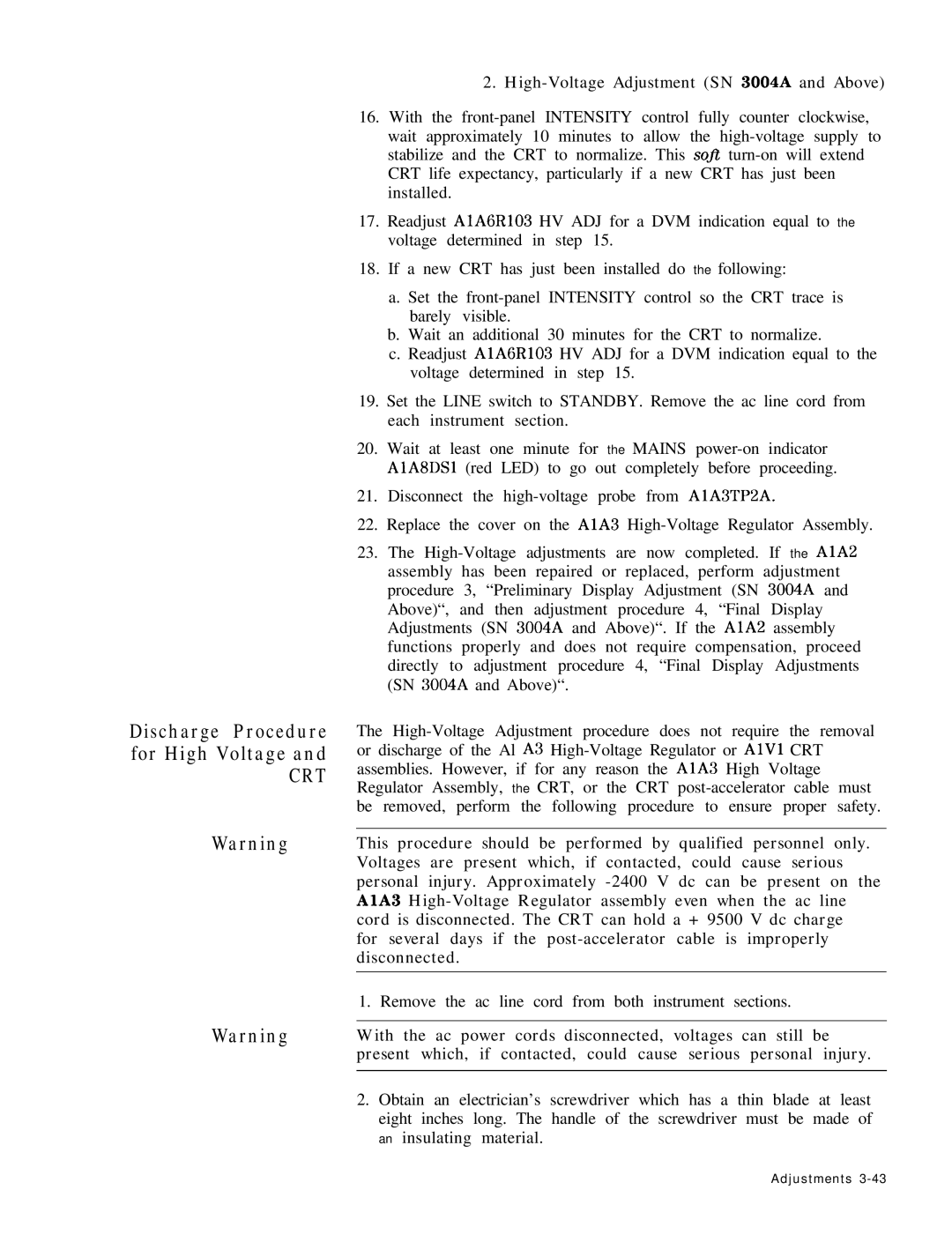 HP 8568B manual Discharge Procedure for High Voltage, Remove the ac line cord from both instrument sections 