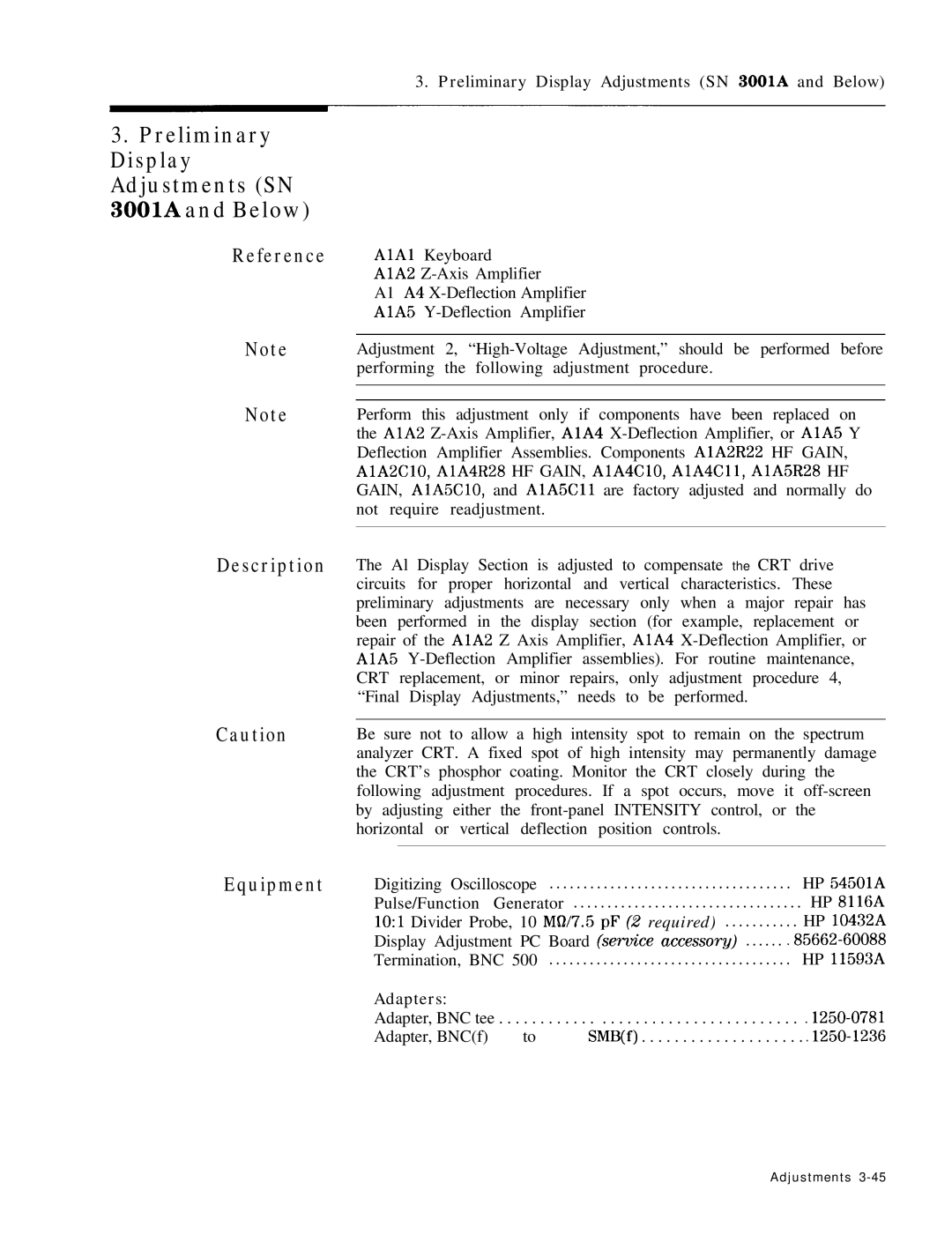 HP 8568B manual Preliminary Display Adjustments SN 3001A and Below, Adapters 