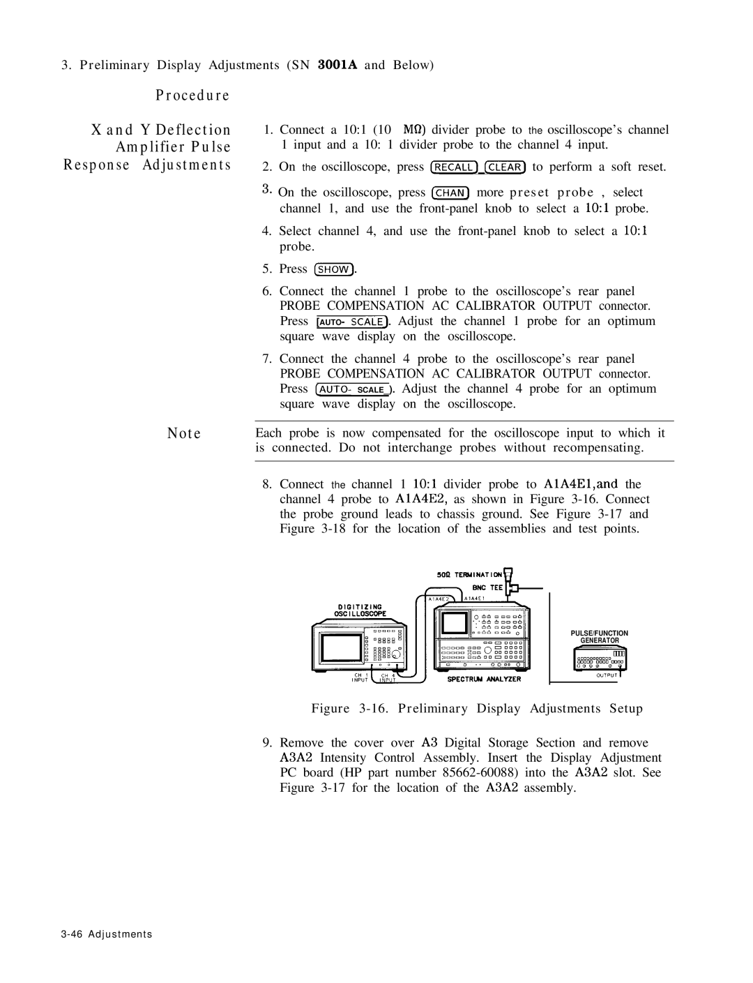 HP 8568B manual Procedure Y Deflection Amplifier Pulse Response Adjustments, Preliminary Display Adjustments Setup 