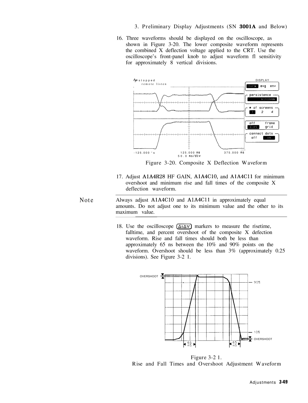 HP 8568B manual Composite X Deflection Waveform, Rise and Fall Times and Overshoot Adjustment Waveform 