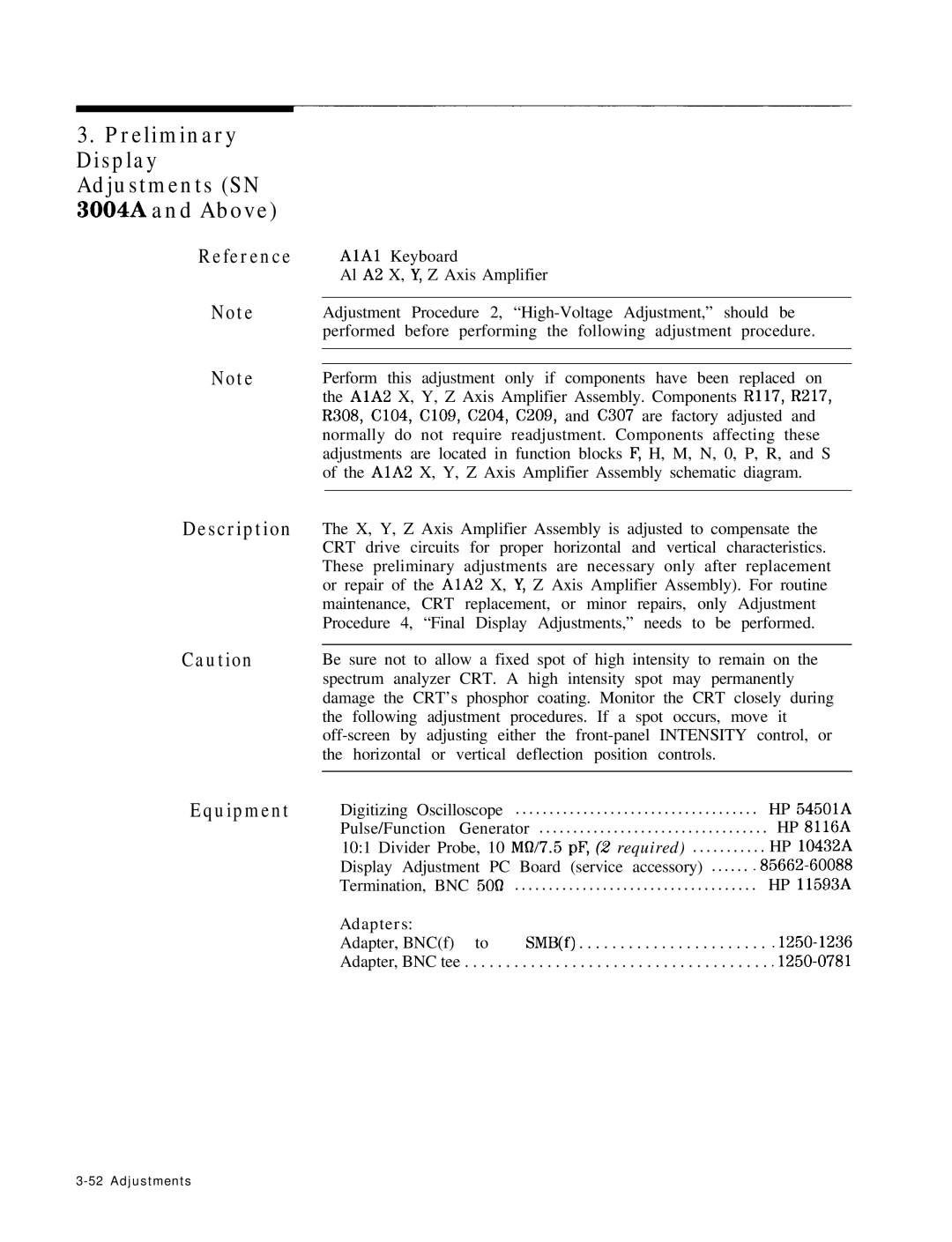 HP 8568B manual Preliminary Display Adjustments SN 3004A and Above 