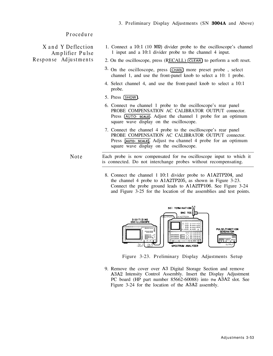 HP 8568B manual Preliminary Display Adjustments SN 3004A and Above, Preliminary Display Adjustments Setup 