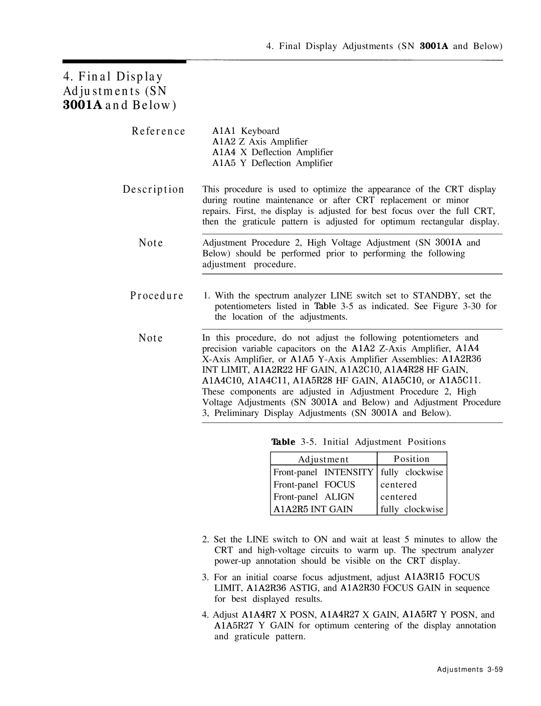 HP 8568B Description Procedure, Final Display Adjustments SN 3001A and Below, ‘Ihble 3-5. Initial Adjustment Positions 