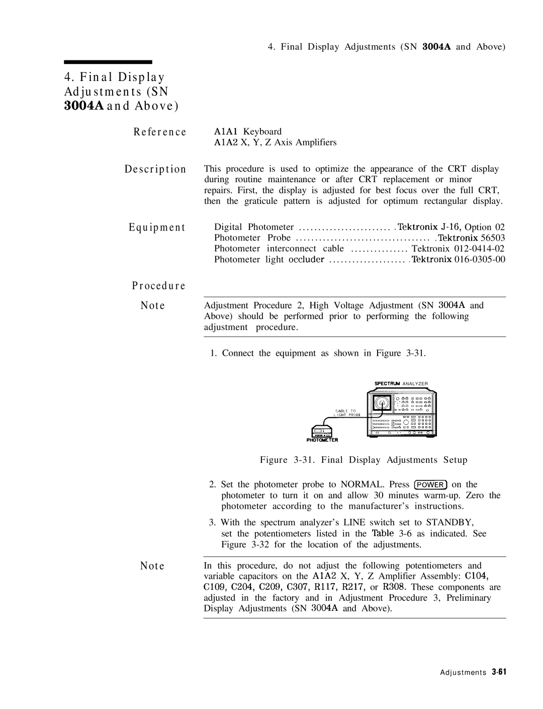 HP 8568B manual Final Display Adjustments SN 3004A and Above, Final Display Adjustments Setup 