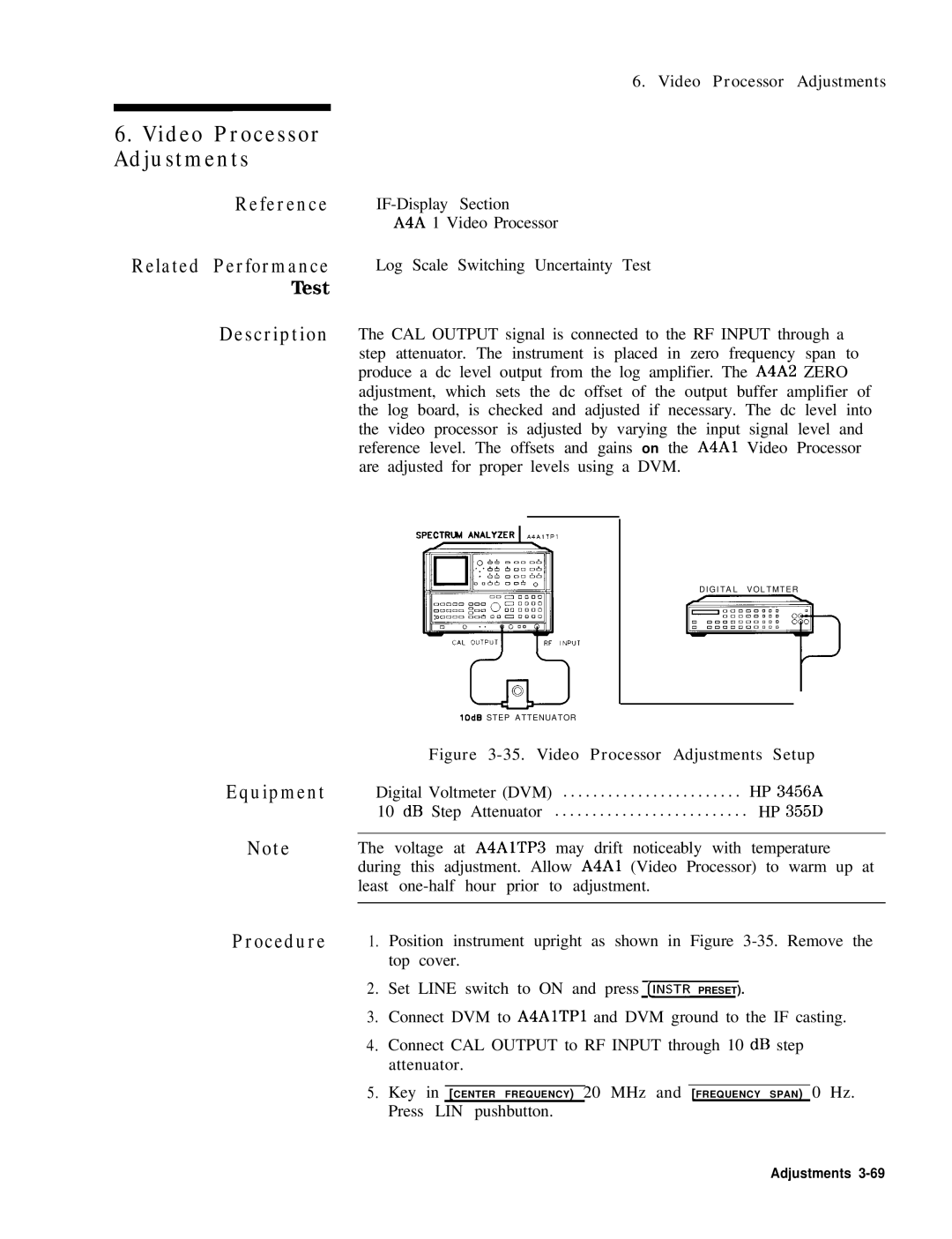 HP 8568B manual Video Processor Adjustments, Related Performance Test 