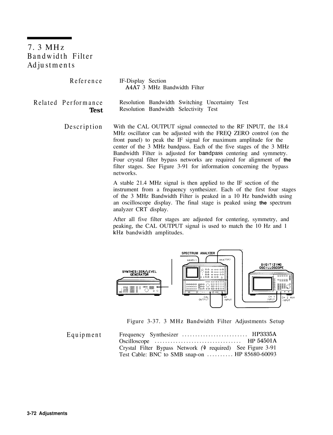 HP 8568B manual MHz Bandwidth Filter Adjustments Setup 