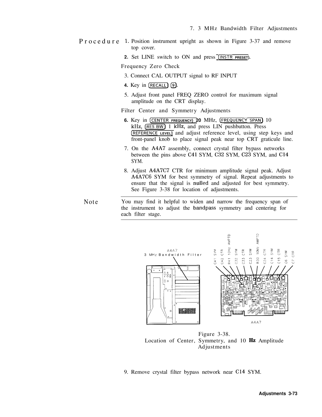 HP 8568B manual MHz Bandwidth Filter Adjustments, Frequency Zero Check, Filter Center and Symmetry Adjustments 