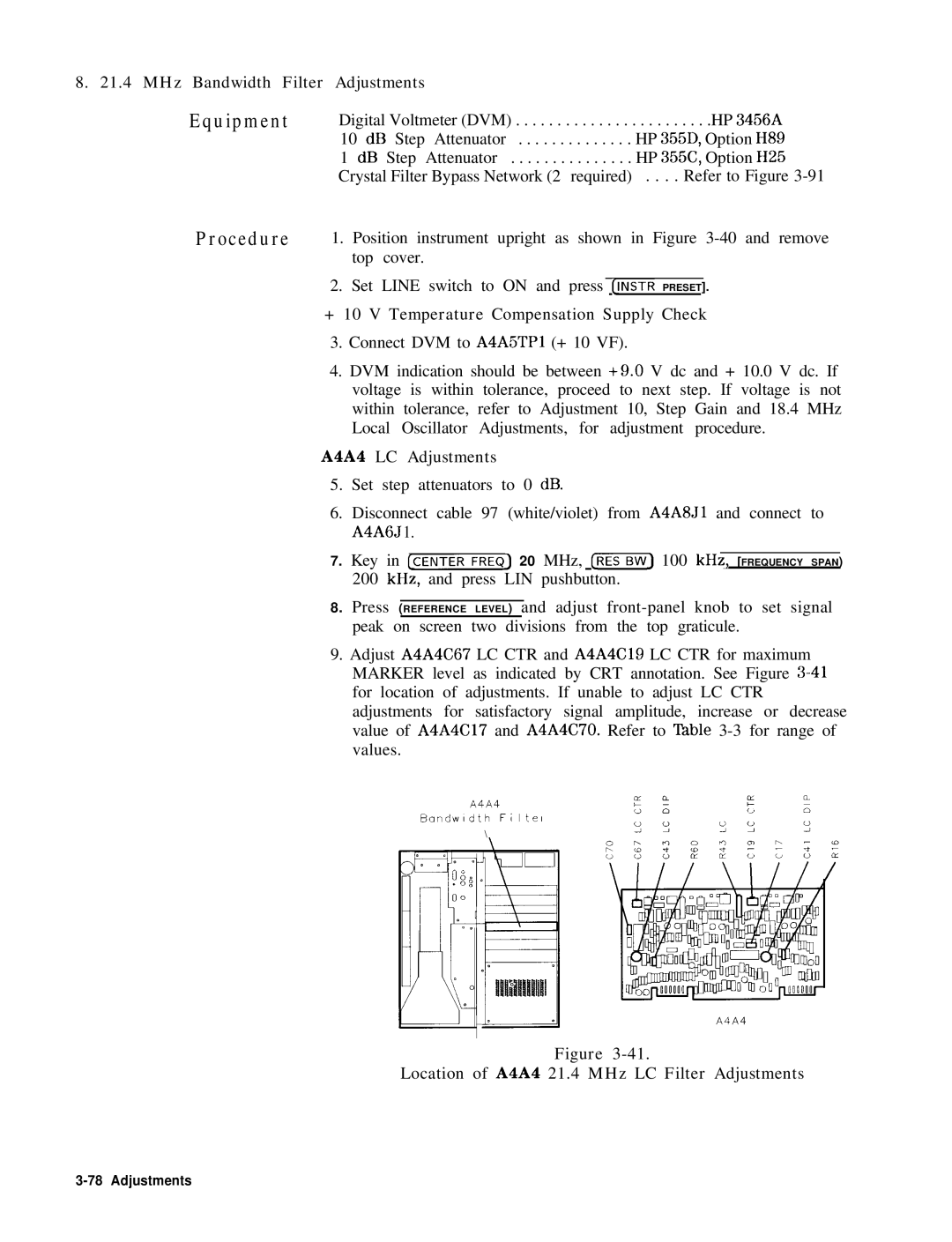 HP 8568B manual + 10 V Temperature Compensation Supply Check, A4A4 LC Adjustments 